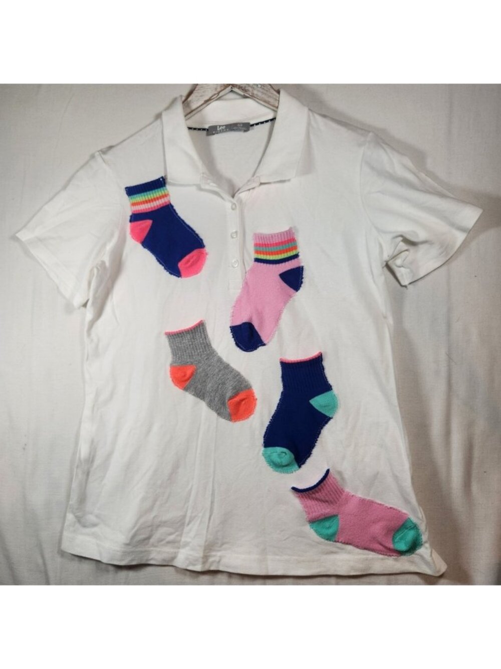 Lee Riders White Polo Shirt Sock Applique DIY Custom Laundry costume